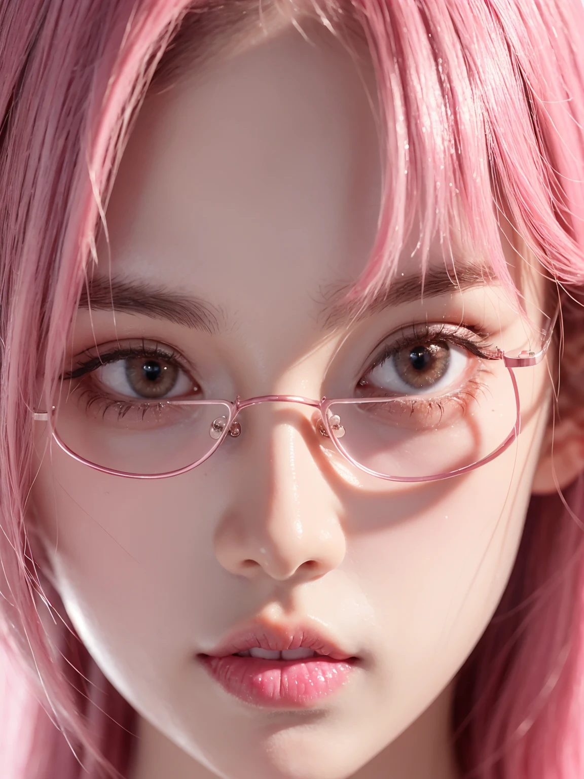 Close-up of a woman with Pink hair wearing glasses, artwork in Guvez style, Guvez, kawaii realistic portrait, inspired by Cheng Yanjun, glowing Pink face, Pink girl, Beautiful anime portrait, Pink glasses, glowing Pink eyes, Realistic anime 3D style, Yanjuncheng, Realistic anime art style, ((Pink)8K