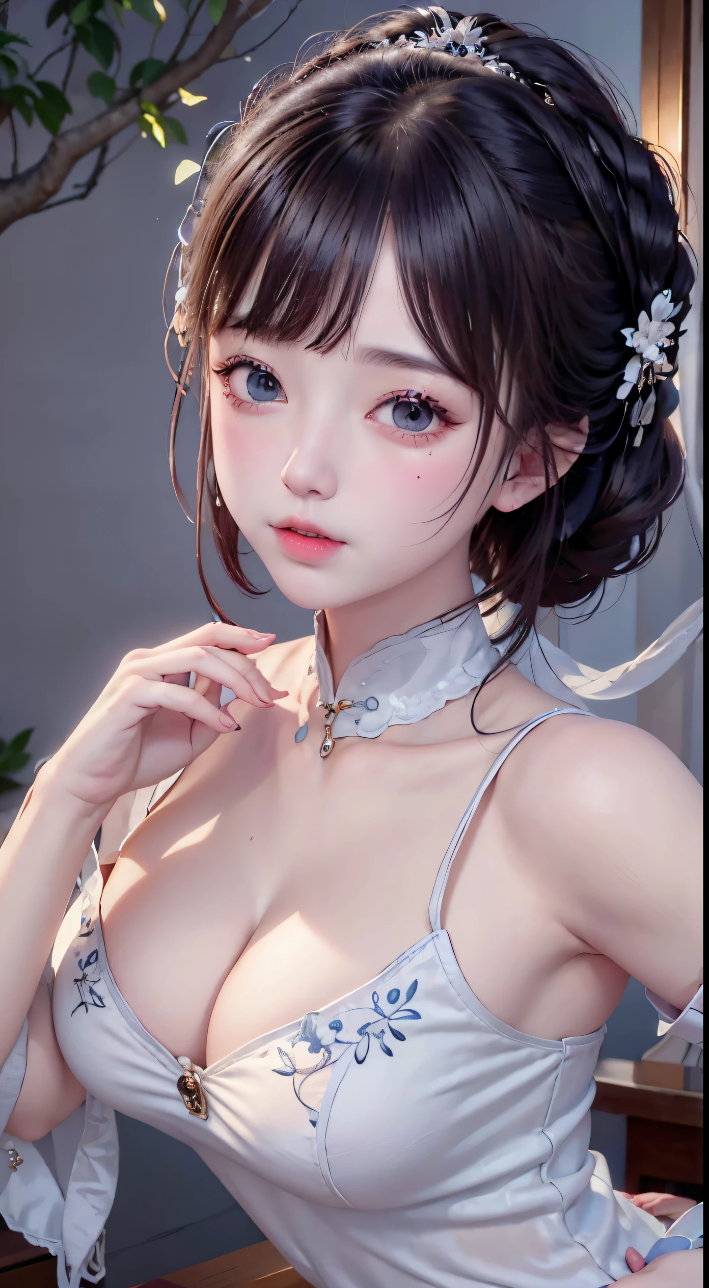 goddess of shooting'arc14 ans,Ancient costumes with many phoenix designs,visage blanc et rose impeccable,Ornements sur la tête,cheveux jusqu'aux noirs'to the size,yeux marrons très beaux et nets,red labia minora,Colored lips,Enchanted smile,bijoux portés autour du cou,Anneau de mamelon d'oreille,dents blanches et uniformes,pont de nez haut,gros seins ronds, jambes fines,chaussettes noires en maille fine,Portrait,the most realistic,la plus haute quality,Meilleurs pixels,8k ultra,HIGH LEVEL OF DETAIL,8k resolution,ultra haute résolution,une jeune fille, Une jolie fille,short detailed hair,chignon,lipsticks,boucles d'ears to pampilles,collier ras du cou,Yeux noirs clairs,Cheveux lisses,clavicule,traits du visage délicats et parfaits, les plus beaux grands yeux,long cils,The eyes are soft and there are silkworms lying,angle dynamique,quality'extreme image,The highest accuracy,Accurate and perfect human anatomy,(((Robe professionnelle,Slim cheongsam Republic of China,Broderie or cramoisi))),((assis)),Warm scene,ultra haute résolution,Cheveux noirs fluides de style antique chinois ultra-clairs avec un chignon délicat)Par frange,(cheveux longs et flottants,avec un chignon:1.3)), vêtements à poitrine ouverte en V royal, Wet body of fine silk fabric, Robe fine en dentelle de soie, (huge ,clivage),, blanc rose, bleu ,Meilleure quality,chef-d'ouvrages d'art,ultra haute résolution,(realism:1.4),photo BRUTE,(Véritable texture de peau:1.3),(grain de film:1.3),(Angle de selfie),1 girl with giant ,Beautiful details of the eyes and face,chef-d'ouvrages d'art,La Meilleure quality au mieux,,The chest more exposed, detailed hair, Bon rose , 8K Detail, Haut du corps,,Delicate collarbones,beau maquillage,Caractéristiques du visage exquises et parfaites,,de grands yeux larmoyants,Ver à soie couché,long cils,The eyes are soft and have eye shadow, the more chest explore