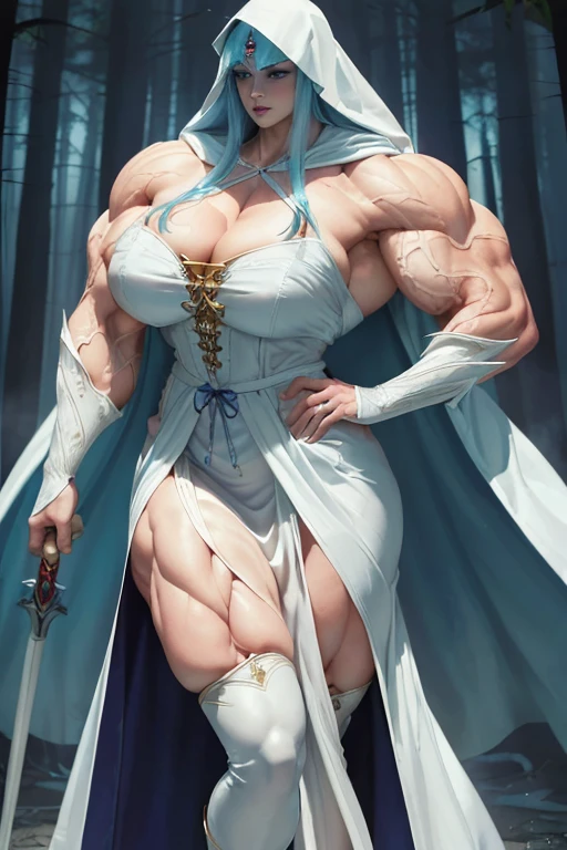 ((((Massive, tall, beautiful, buff, muscular pale white skinned woman mage with cyan hair, ginormous bulky muscles, holding a vampire mage staff and wearing a beautiful hooded white enchanted robe with long long skirt)))), (close-up view), vascular, massive muscle, massive biceps, hyper muscle shoulders, hyper muscle triceps, (short hair), purple eyes, (wearing a long extremely intricate robes, long magical robes), (white mage boots), smirk, white gauntlets, (in a misty foggy vampire forest), evening, Vascular arms, hyper vascular arm, hyper muscles arms, hyper muscle legs, massive arms.