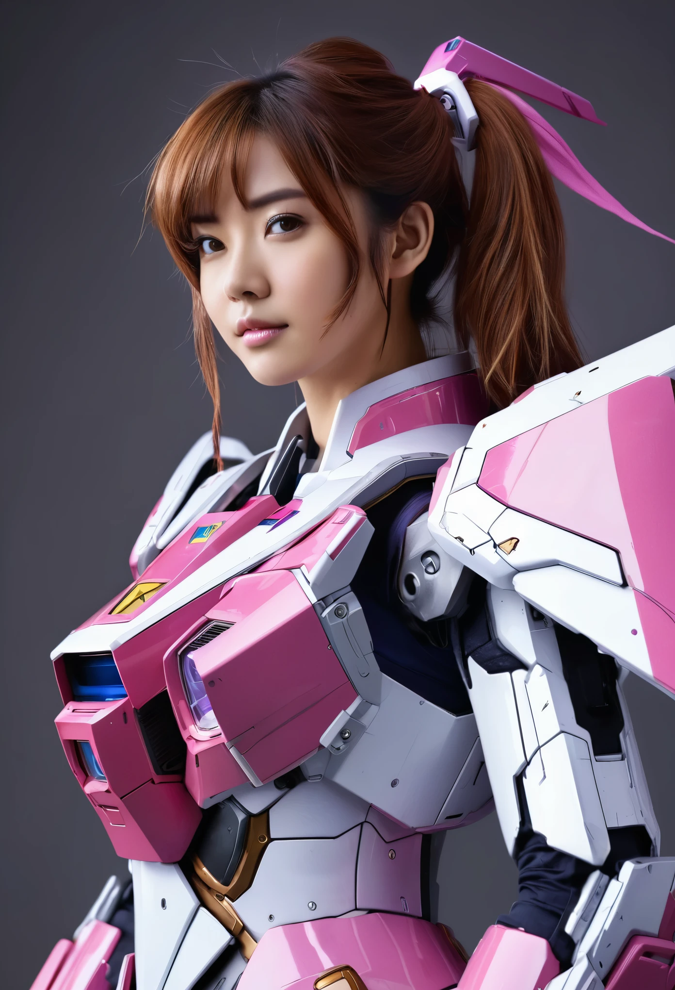 RAW, Masterpiece, Ultra Fine Photo,, Best Quality, Ultra High Resolution, Photorealistic, Sunlight, Full Body Portrait, Stunningly Beautiful,, Dynamic Poses, Delicate Face, Vibrant Eyes, (Side View) a close up of a woman in a pink and white gundam custume, dybamic pose, long brown very very long hair rapunzel, girl in mecha cyber armor, portrait armored astronaut girl, d. va from overwatch, female mecha, on a gundam, gundam head, chiho aoshima color scheme, mobile suit, streamlined purple armor, fully robotic!! girl, realistic cosplay, gundam armor (dynamic pose) (best cameraview), full body, sit down, full body