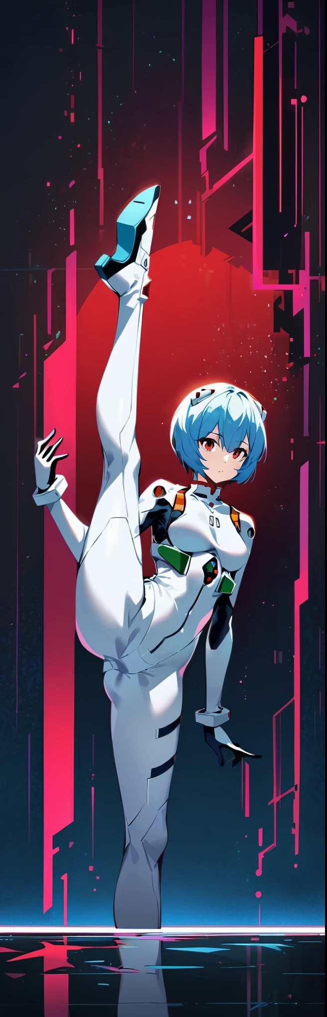 (highest quality:1.2),1 girl,alone,Are standing_Split,AYANAMI REI,white bodysuit,red eyes,pilot suit,short hair,blue hair,bangs,interface headset,turtleneck,hair between eyes,pixelated background,neon light,SF color scheme,Bright colors,metallic texture,detailed shading,Holographic interface,dark atmosphere,high contrast,sharp focus,twig of hair,Reflective surface,exquisite details,High resolution,studio lighting,Red accents,Illuminated environment,artificial intelligence assistant