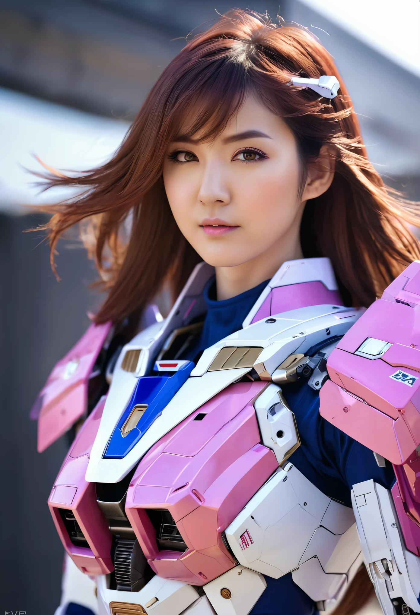 RAW, Masterpiece, Ultra Fine Photo,, Best Quality, Ultra High Resolution, Photorealistic, Sunlight, Full Body Portrait, Stunningly Beautiful,, Dynamic Poses, Delicate Face, Vibrant Eyes, (Side View) a close up of a woman in a pink and white gundam custume, dybamic pose, long brown very very long hair rapunzel, girl in mecha cyber armor, portrait armored astronaut girl, d. va from overwatch, female mecha, on a gundam, gundam head, chiho aoshima color scheme, mobile suit, streamlined purple armor, fully robotic!! girl, realistic cosplay, gundam armor (dynamic pose) (best cameraview), full body, sit down, full body