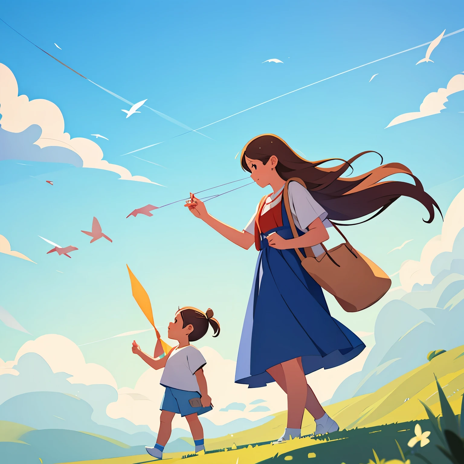 spring,male,woman holding child,Fly a kite together