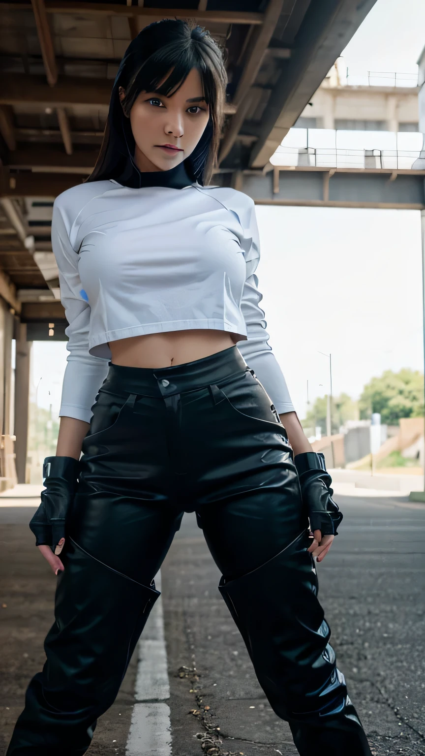 Girl having blue eyes ,wearing danim black pant white t shirt ,black lether rider jacket,having big tits,standing beside a Kawasaki ninja h2r, relestic,anime,full body pose, maximum sharpness and calrity uhd 4k wallpaper 