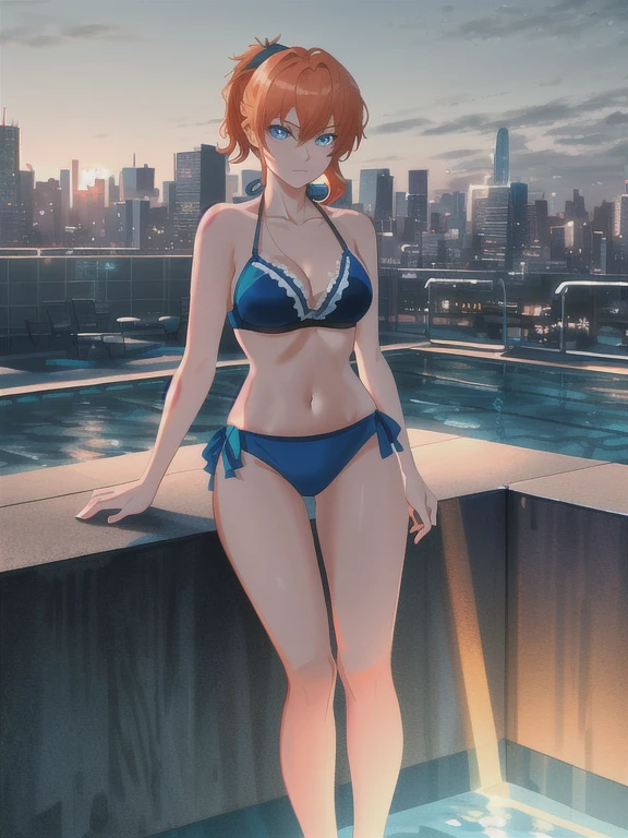 1girl, ((32 years old, dressed in a blue bikini:1.2, medium breasts, short orange hair, pony tail styled hair, perfect model body:1.3, detailed blue eyes:1.5, light skin, natural makeup, Arrogant Smile on face)), full-length, full body, full-length, super face detail, (Background: Swimming pool, on top of a roof top, skyline of a cyberpunk city), Very detailed, 8k, dark tone, dark shadow, glow in the dark, game color correction, (HDR, UHD, best quality, masterpiece: 1.5), high detailed, digital painting, trending on artstation, HD quality