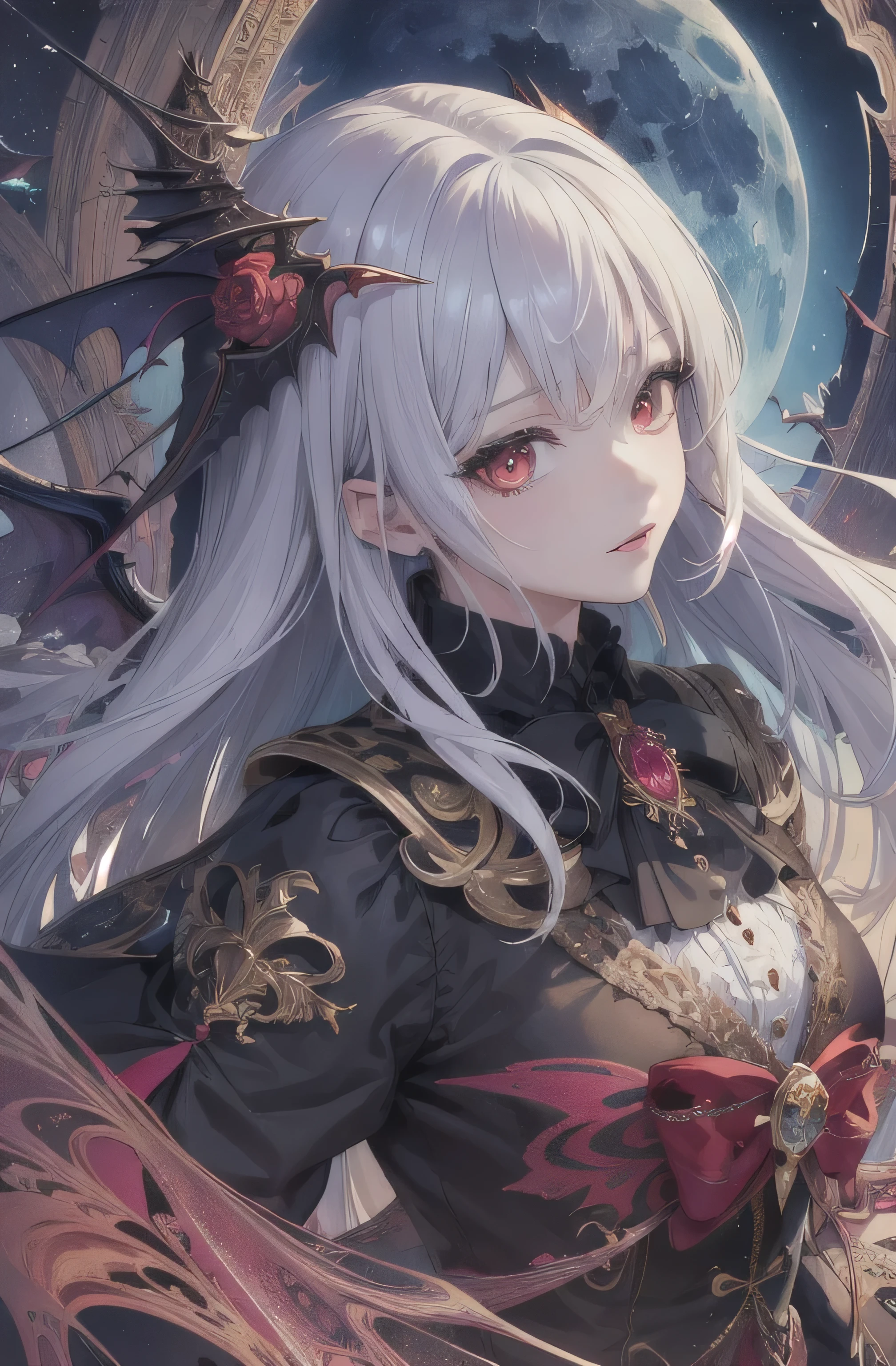 (masterpiece, top quality, best quality, official art, beautiful and aesthetic:1.2), (1girl), extreme detailed,(fractal art:1.3),colorful,highest detailed, 1girl, detailed full moon, head_wings, vampire, wearing tuxedo, upper body, brooch, bowtie, red_eyes, silver hair, succubus, 