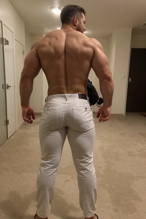 An impressive realistic photo of a large, muscular, hairy and masculine man, 40 years old, full body,mustache, naked formal white metalic tigth pants bubble butt, backside, facing the camera.