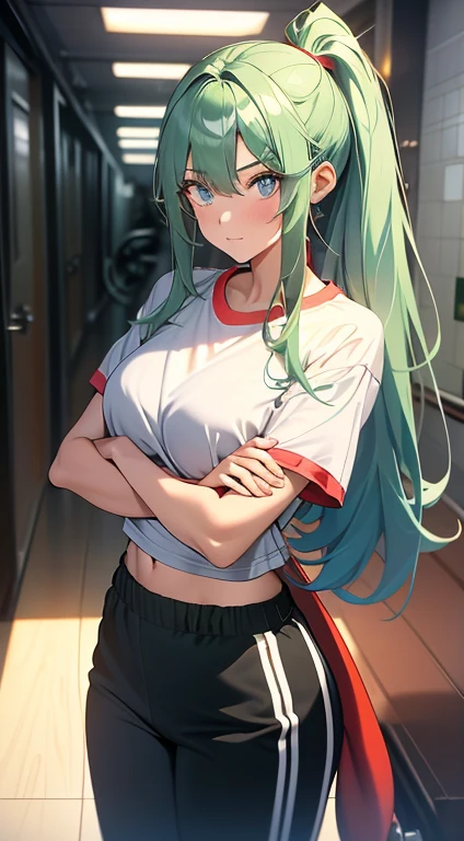 A hot female student with dark green long ponty-tail hair and blue eyes in gym shirt with red track pants, background is a hallway in a ship
