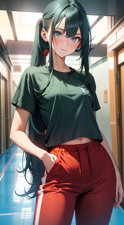 A hot female student with dark green long ponty-tail hair and blue eyes in gym shirt with red track pants, background is a hallway in a ship