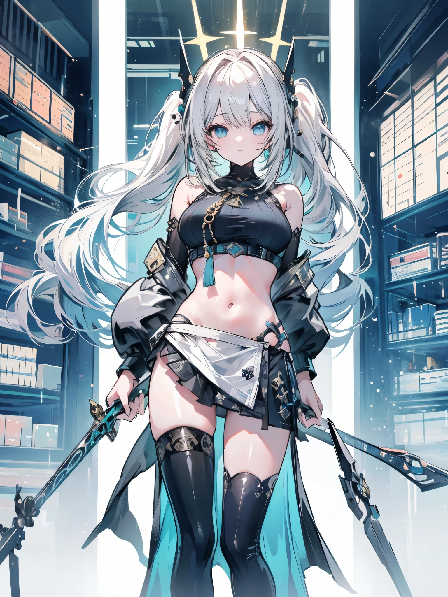 最high quality、best image quality、masterpiece、girl((cyborg、20-year-old、 By becoming、vest bust、medium bust,wide open breast tea、shining eyes, light blue hair、long hair、thin,highest valley、ponytail、robot body、Machine body、half-backed posture、floating state、mechanical sword、sharp mechanical wings、shiny boots、black underwear、black skirt、discharge from the whole body,)),high quality、beautiful art、background((Near future、Machine area、energy field))、Flight、debris flies、Depth of written boundary、movie、visual art、perfect art、8k,genuine、