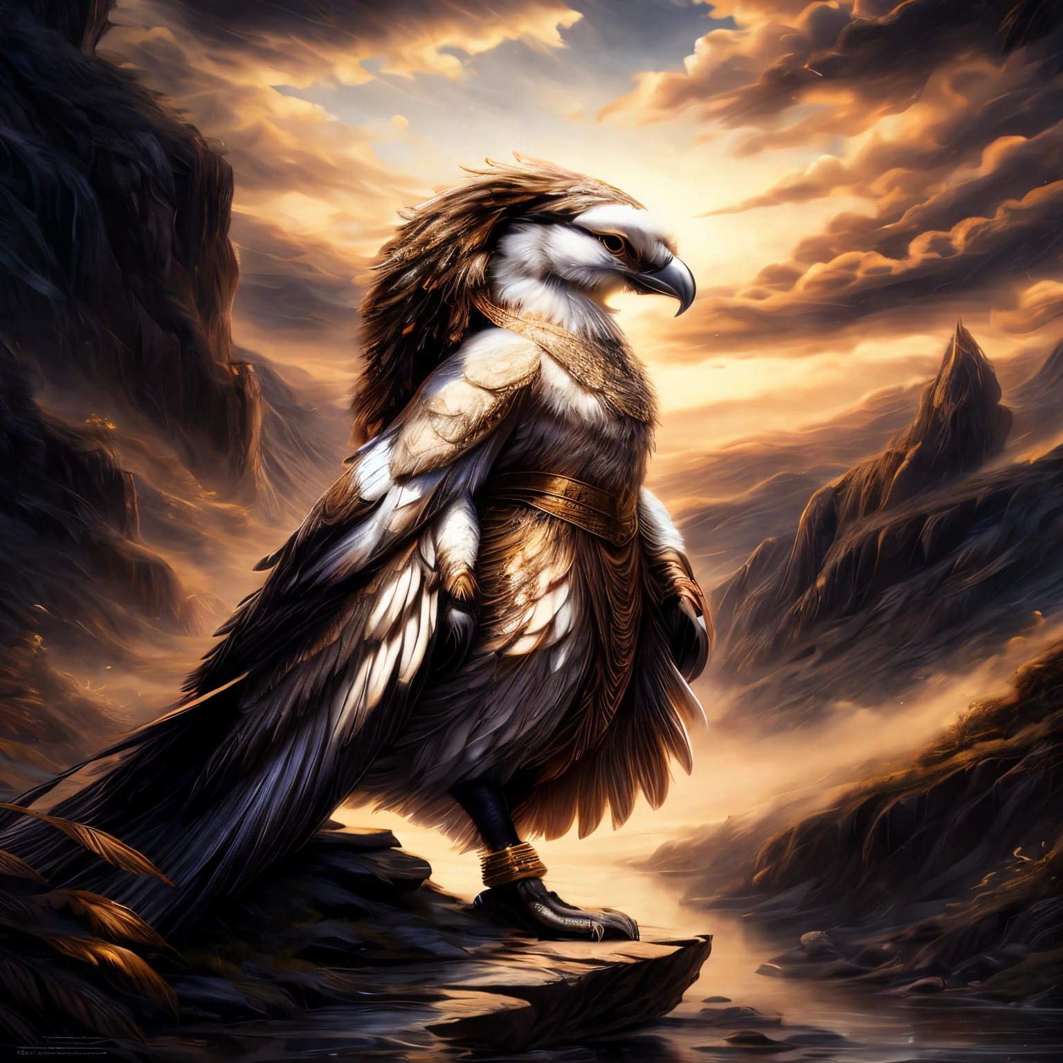 a close up of a bird standing on a rock near a body of water, avian warrior, black aarakocra eagle warlord, phoenix warrior, symmetrical epic fantasy art, high quality fantasy art, detailed fantasy digital art, breathtaking fantasy art, epic fantasy digital art, gryphon, fantasy epic digital art, highly detailed fantasy art, detailed fantasy art, epic digital painting