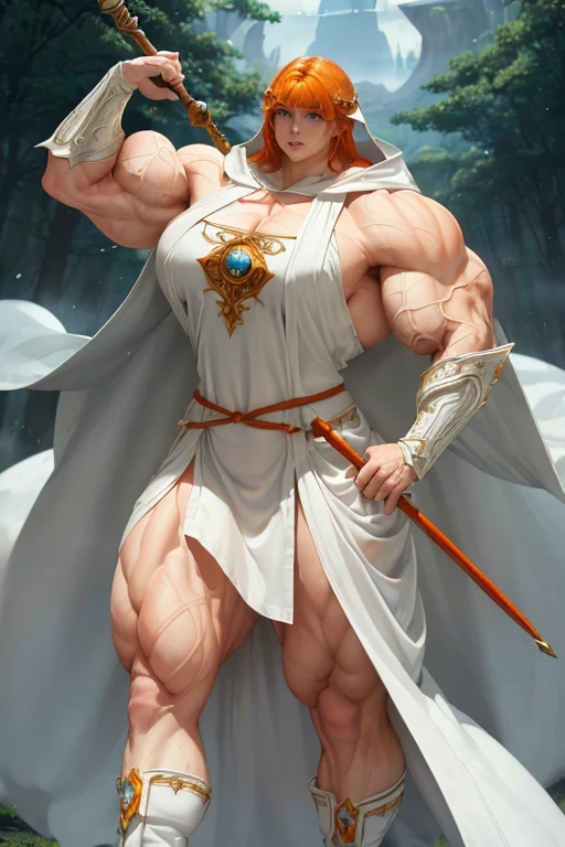 ((((Massive, tall, beautiful, buff, muscular pale white skinned woman mage with orange hair, ginormous bulky muscles, holding a earth mage staff and wearing a beautiful hooded white enchanted robe with long long skirt)))), (close-up view), vascular, massive muscle, massive biceps, hyper muscle shoulders, hyper muscle triceps, (shaggy bob cut), green eyes, (wearing a long extremely intricate robes, long magical robes), (white mage boots), smirk, white gauntlets, (in a earthly forest), evening, Vascular arms, hyper vascular arm, hyper muscles arms, hyper muscle legs, massive arms.