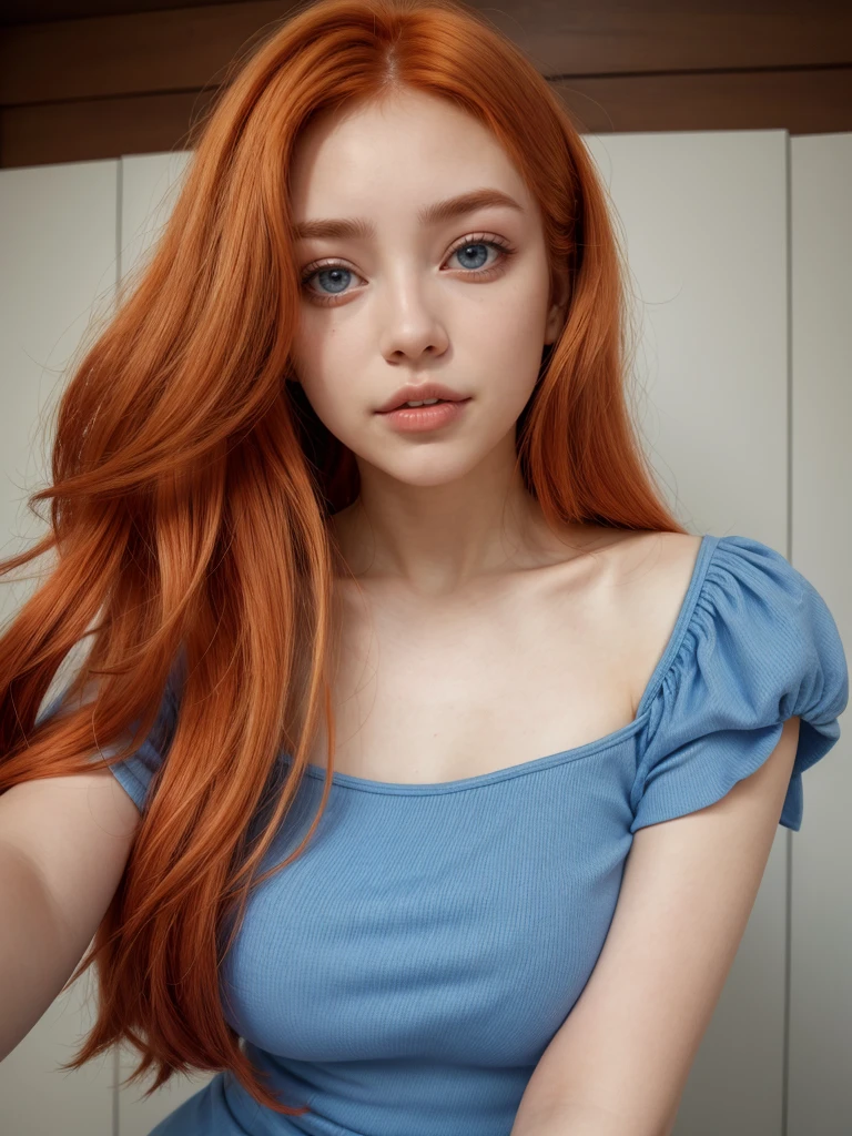mujer encantadora en vestido azul posando para uma foto, escote abierto, usando vestido azul, usando um vestido azul, vestido azul, em vestido azul, vestido justo, vestido tubo-top, foto do perfil, roupa azul, foto do perfil, Vestido em azul, um vestido azul, em um vestido, vestido skintight, com pele azul, imagem de perfil, wearing a plastic blue dress, labios aventando un beso, besando el aire, a close up of a woman with red hair wearing a white bikini, young beautiful, she has long redorange hair, orange skin and long fiery hair, orange glowing hair, she has long orange brown hair, big breasts