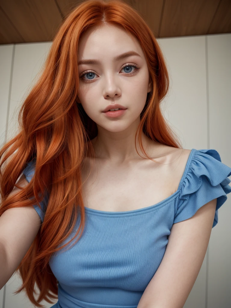 mujer encantadora en vestido azul posando para uma foto, escote abierto, usando vestido azul, usando um vestido azul, vestido azul, em vestido azul, vestido justo, vestido tubo-top, foto do perfil, roupa azul, foto do perfil, Vestido em azul, um vestido azul, em um vestido, vestido skintight, com pele azul, imagem de perfil, wearing a plastic blue dress, labios aventando un beso, besando el aire, a close up of a woman with red hair wearing a white bikini, young beautiful, she has long redorange hair, orange skin and long fiery hair, orange glowing hair, she has long orange brown hair, big breasts
