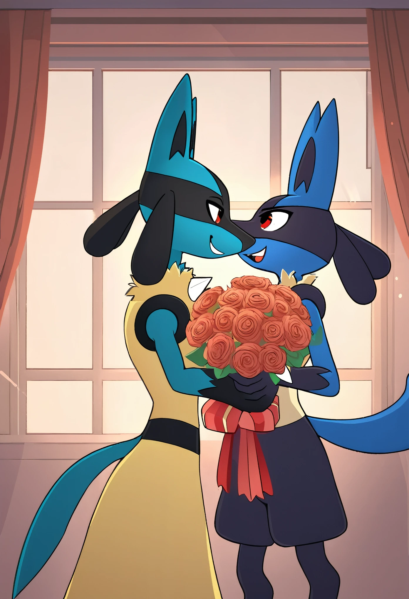 top quality, high-quality illustrations by Vermeer((masterpiece))absurdres, Perfect Anatomy, Lucario, couple, upper body((dramatic))epic, holding bouquet, present, indoor, good lighting, window, smile, Lovers gazing into each other's eyes and laughing,