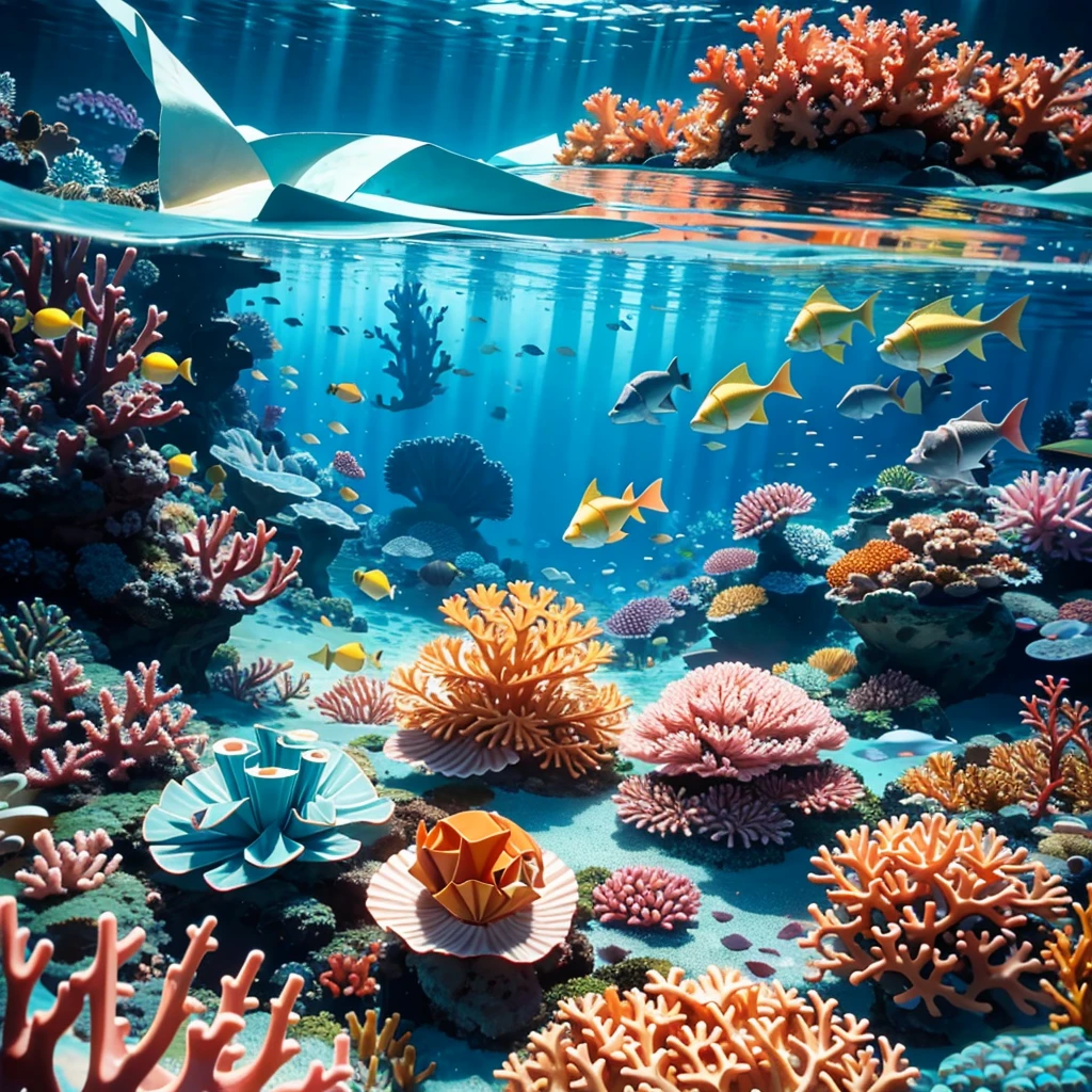 coral reef, fish swimming, plants, shells, undersea, bright vibrant colors, Origami paper folds papercraft, made of paper, stationery, 8K resolution 64 megapixels soft focus