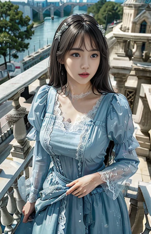 (ultra realistic realism)、(enlightenment)、(High resolution)、(8K)、(best illustrations)、(beautiful detailed eyes)、(highest quality)、(super detailed)、(masterpiece)、(wallpaper)、(detailed face)、alone、looking at the viewer、detailed face、shy look、 long hair、46 point diagonal bangs、big breasts、((gorgeous light blue lace dress))、((A beautiful woman stands on the balcony of a castle with her legs wide open and her dress skirt pulled up to her waist.))、crotch is visible、Yellow water drips from the crotch、Pee、urinating、The camera is shot from a low position looking up.