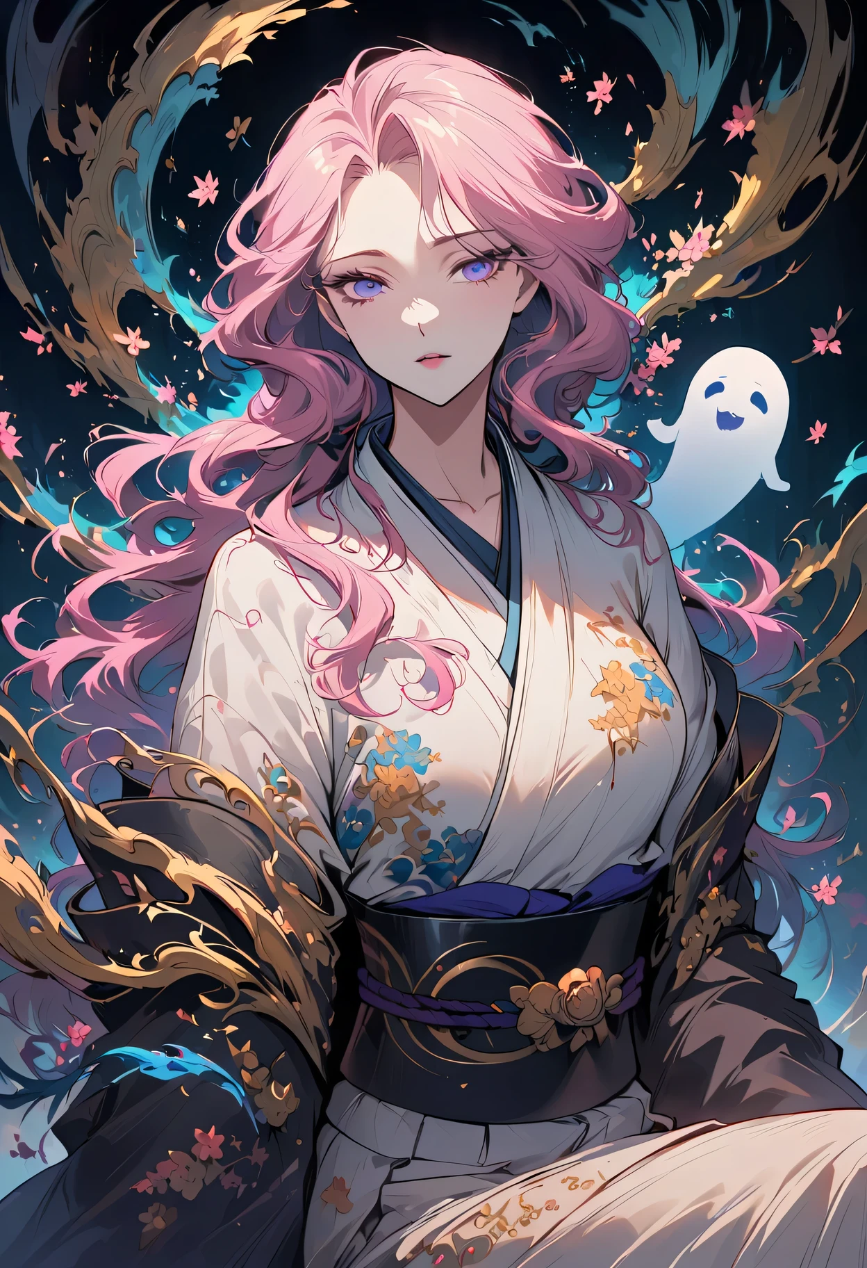 surreal, Very detailed, and a high resolution 16k image of a young man, Beautiful female ghost or guardian angel. She has light pink hair and translucent skin, Wearing a traditional Japanese kimono，There is a small cherry blossom pattern on the belt. The image captures the ethereal beauty and mystery of the world. Style inspired by sophistication, Soft aesthetics in traditional Japanese art.