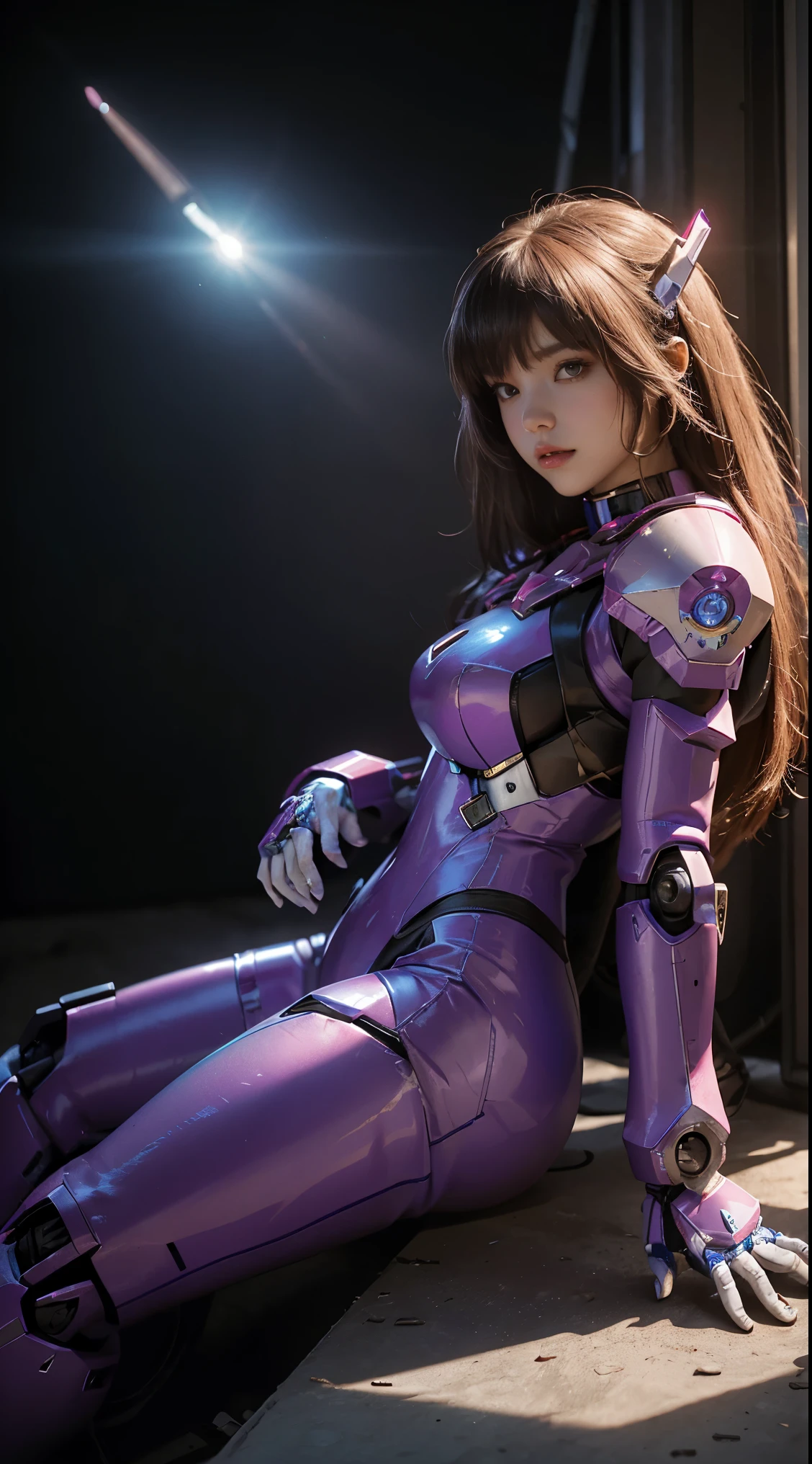 RAW, Masterpiece, Ultra Fine Photo,, Best Quality, Ultra High Resolution, Photorealistic, Sunlight, Full Body Portrait, Stunningly Beautiful,, Dynamic Poses, Delicate Face, Vibrant Eyes, (Side View) a close up of a woman in a pink and white gundam custume, dybamic pose, long brown very very long hair rapunzel, girl in mecha cyber armor, portrait armored astronaut girl, d. va from overwatch, female mecha, on a gundam, gundam head, chiho aoshima color scheme, mobile suit, streamlined purple armor, fully robotic!! girl, realistic cosplay, gundam armor (dynamic pose) (best cameraview), full body