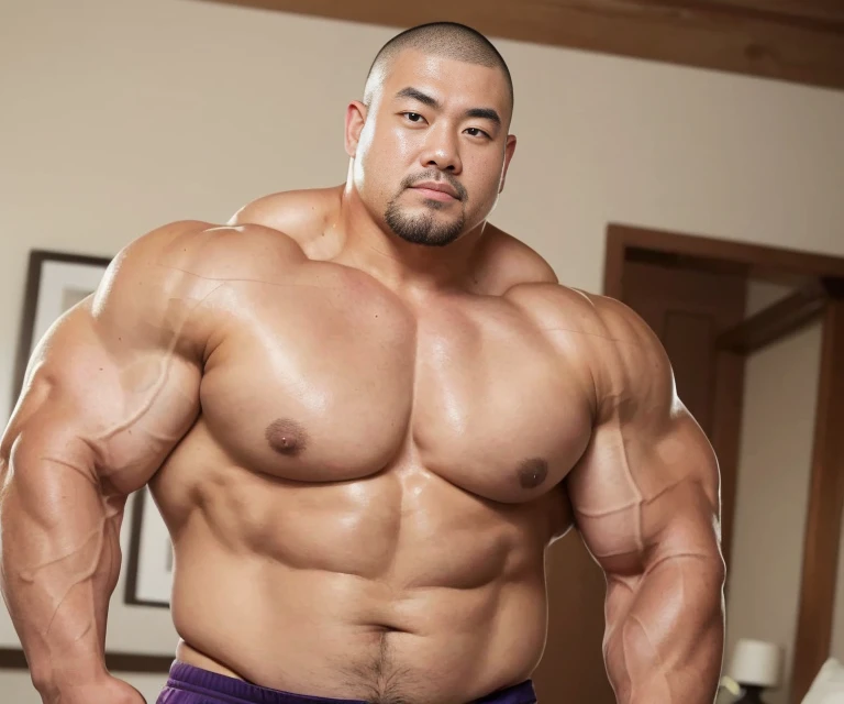 fat face, (inside bedroom:1.2), Japanese man, Chinese man, Korean man, Taiwanese man, manly face, (round face:1.4), (monolid eyes:1.2), (buzz cut:1.4), very large and strong body, bulging muscles, very large pectoral muscles, muscular arms, muscular abs, muscular legs, muscular back, brightens oily skin, master piece, realistic, panorama, distant view