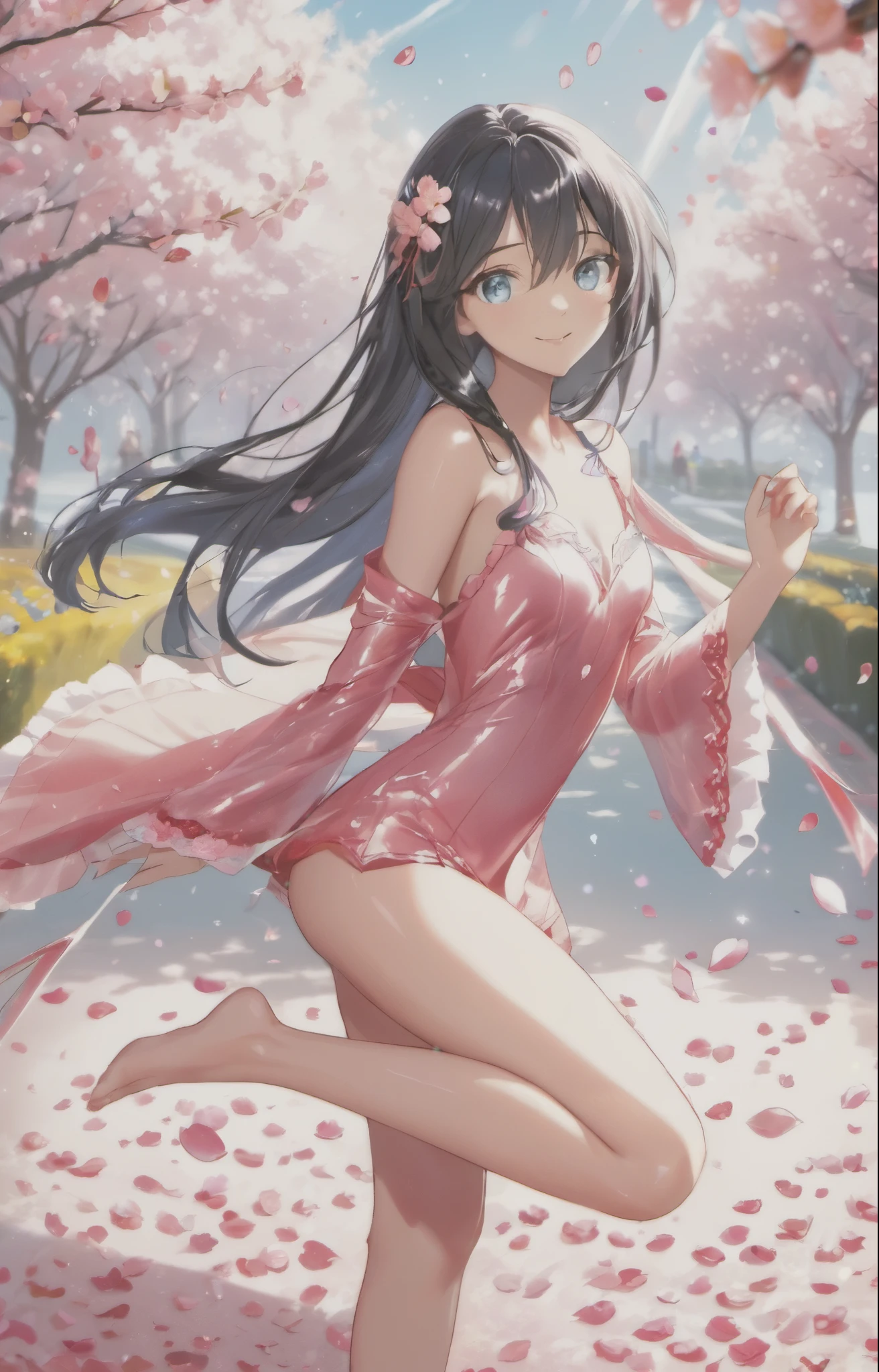 Nsfw、No clothes、(girl:1.5),race,ribbon,(masterpiece, side light, Beautiful detailed gray eyes: 1.2), Medium chest, realistic, shining eyes,shiny hair,black hair,long long hair, Glossy skin, alone, embarrassing,exquisite,beautifully,garden,flowers,flying petals, barefoot, Cherry Blossom, cinematic light, cinematic composition, rich expression、smile