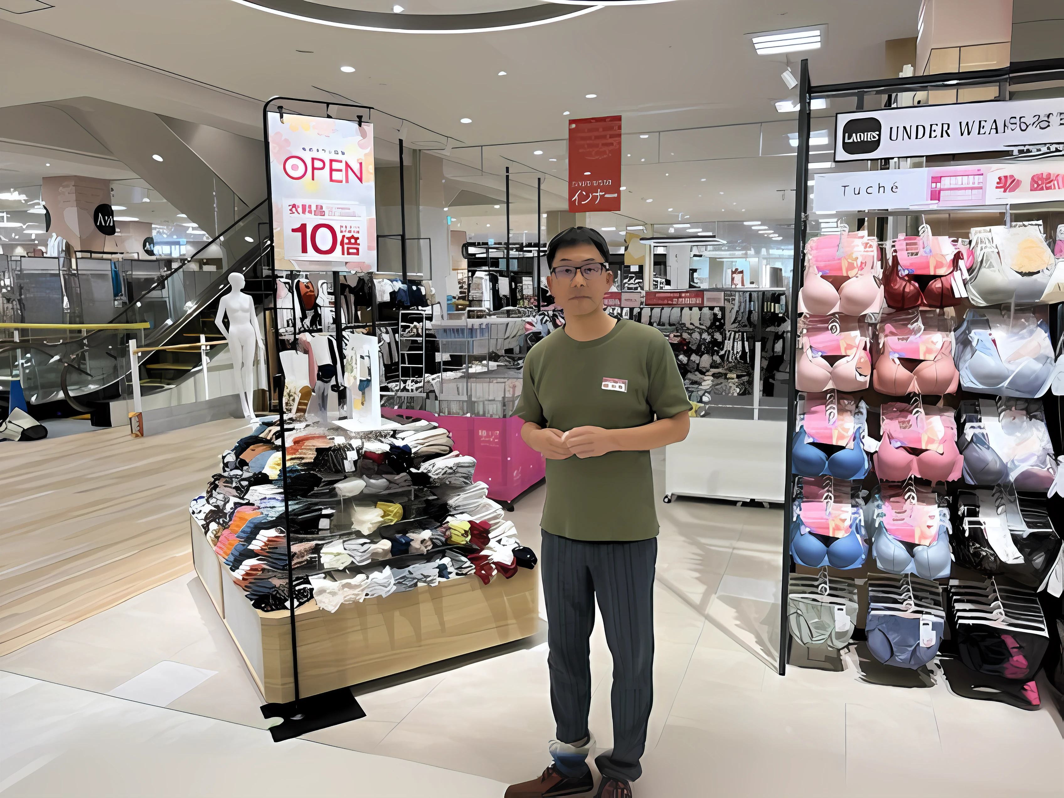 In a cell phone accessories store, a teen Korean man merchant stands full body shot at counter with nude body in brown underwear in a shop full of customers wearing beautiful clothes. 