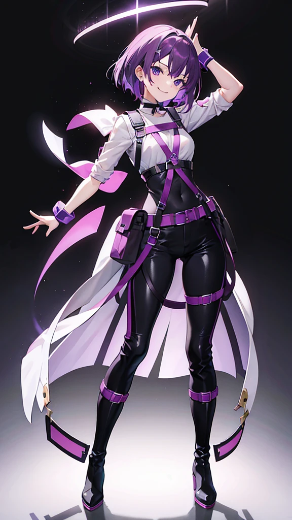 purple hair,girl,1 person,medium hair,Harness,pants,boots,simple background,smile,whole body,full body,standing position,Standing picture,VTuber,front,How to look at the viewer,視線をfrontに,arm to the side
