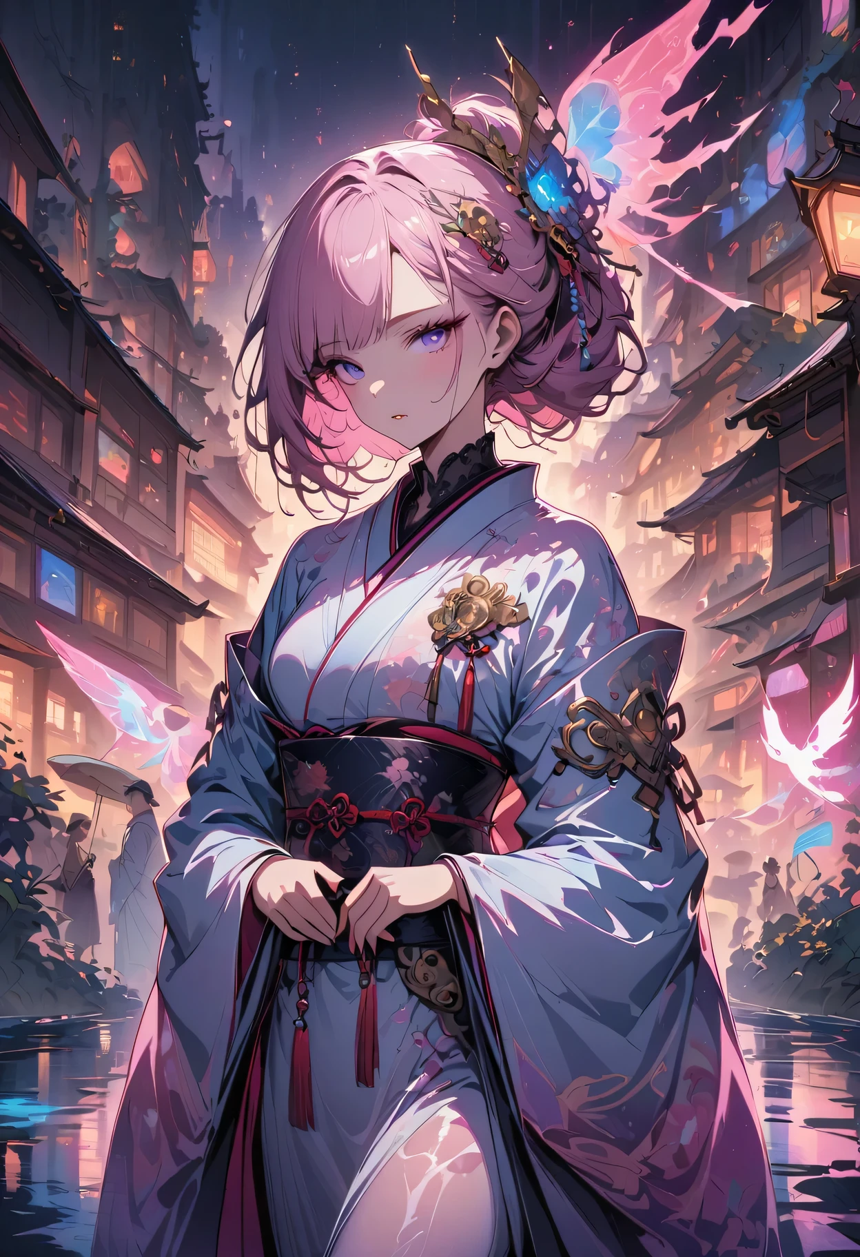 surreal, Very detailed, and a high resolution 16k image of a young man, Beautiful female ghost or guardian angel. She has light pink hair and translucent skin, Wearing a traditional Japanese kimono，There is a small cherry blossom pattern on the belt. The image captures the ethereal beauty and mystery of the world. Style inspired by sophistication, Soft aesthetics in traditional Japanese art.
