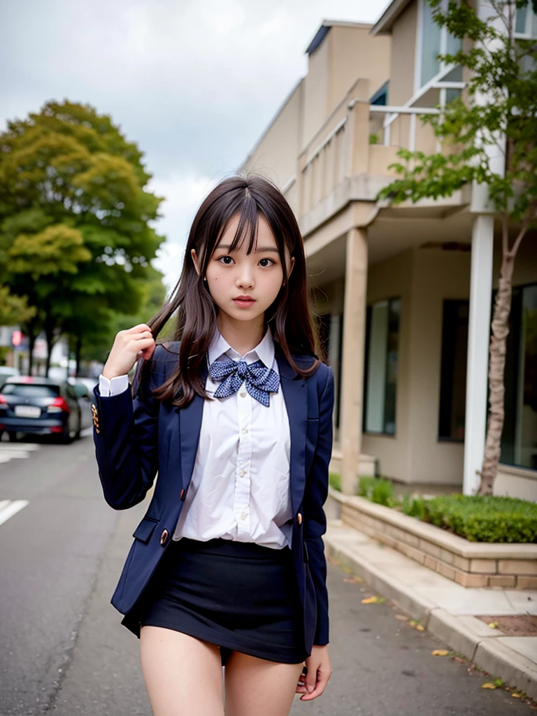 (masterpiece, highest quality:1.4), award-winning portraits, 8K, 85mm, alone, beautiful face, delicate girl, , (dark navy blazer jacket), dark navy skirt, long sleeve, violaces, gardenia, grace, Sophisticated, cute, teen, looking at the viewer, 15 years old, Raw photo, disorganized, HDR, sharp focus, A bow tie, background bokeh、(((flat 、thin and delicate body、A childish atmosphere)))、Her shiny semi-long hair is tied up、hair swaying in the wind、Mole on the left cheek、large, round, dark blue eyes、full body、random pose、Run、sprinting、Skirt fluttering in the wind、Junior idol、Nogizaka Idol、widening skirt、jump、mole under eye、sexy、