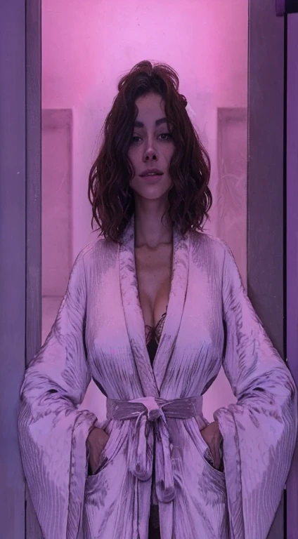 a close-up of a woman in a white robe standing in front of a window, en batas, vestido con una bata, covered en batas, clad en batas, pelo que cubre su pecho, ((wearing an aristocratic robe)), pelaje cubriendo su pecho, purple drooping robes, wearing a velvet robe, in dark purple robes, dibujado en un estilo neo - noir