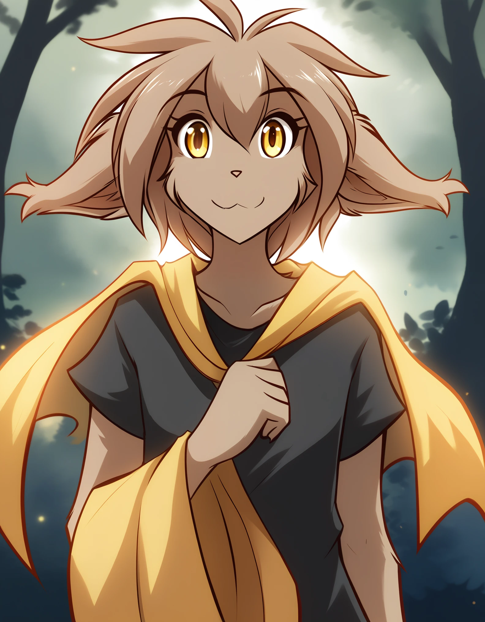 solo, tkmadelyn, basitin, mammal, pantherine, madelyn_(twokinds) , madelyn_adelaide, twokinds, solo, furry female anthro, yellow eyes, short hair, light brown hair, portrait, fingers, finger claws, looking at viewer, tail, ear raised, (outdoors dark forest trees blurry blurred background:1.1), black shirt, yellow cape, young