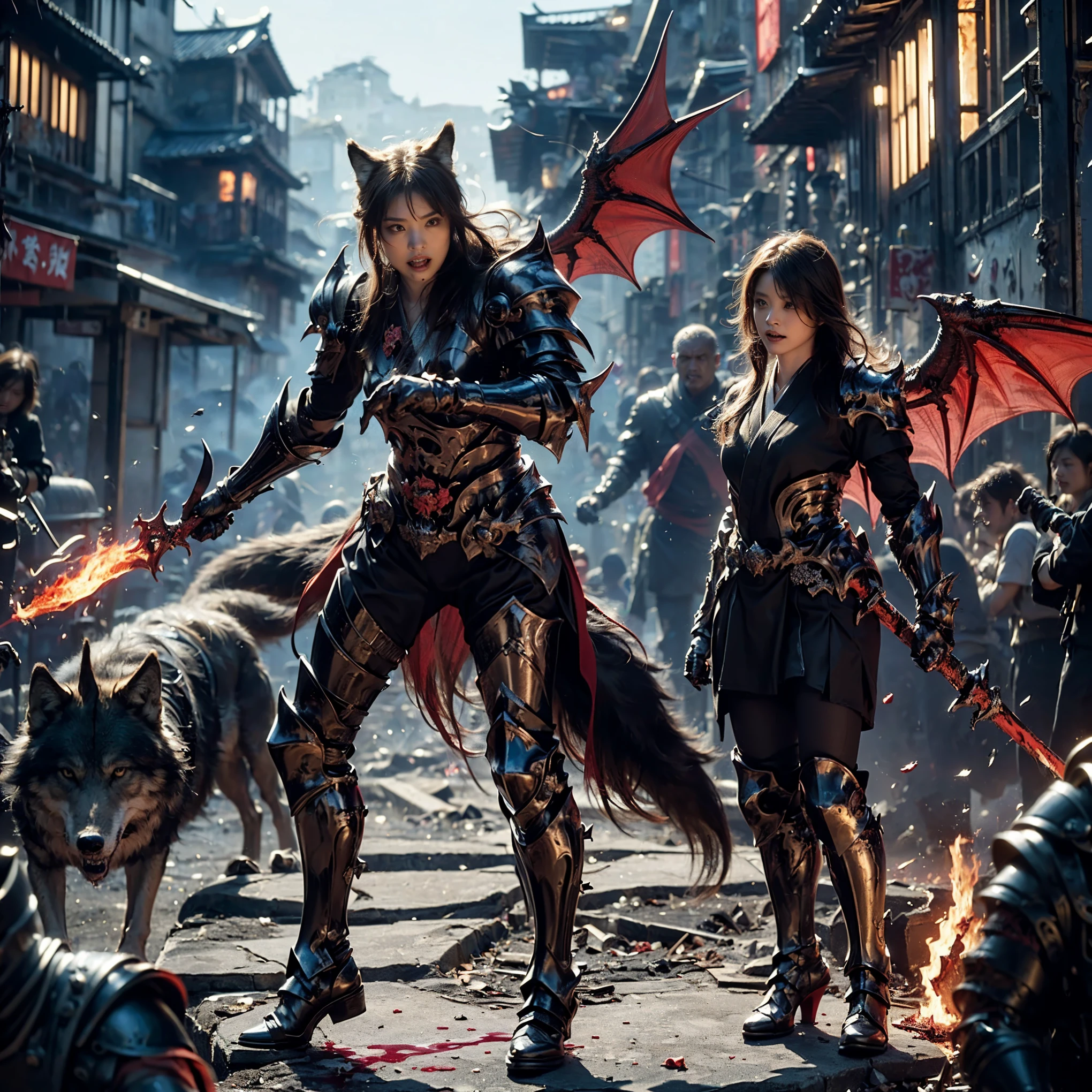 (((Realistic, masterpiece, best quality, crisp detail, high definition, high detail, very rich detail, sharp focus, sharp detail, colorful, rich color, perfect studio lightning))), ((20 years old, beautiful devil, kasumi arimura, evil gothic make up, flying, floating)),(((in the middle of war, epic war scene, attack stance))), wearing (((beautiful decorated black heavy armor, dark dragon armor, decorated full body armor, fully armored beautiful kimono, wide fire diabolos wings))), (flying, holding giant blade, blood scattered face, blood tears, blood bath, blood shed), (((fire everywhere, blood everywhere, death everywhere, japan bakumatsu period, dead bodies,carcass,burned japanese castle, cerberus, three headed wolves, were wolves, hellish,chaos, inferno)) traditional village background, dark atmosphere, bloody night)