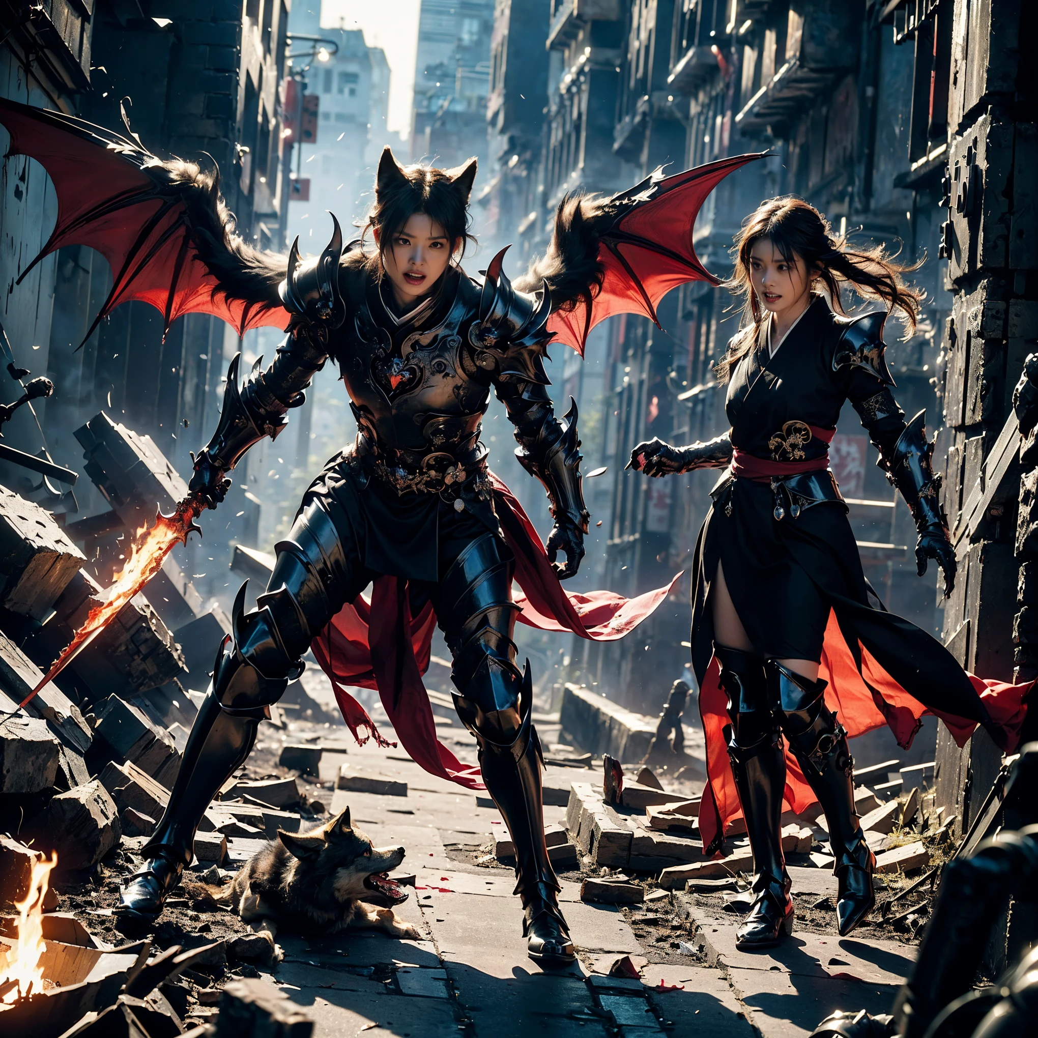 (((Realistic, masterpiece, best quality, crisp detail, high definition, high detail, very rich detail, sharp focus, sharp detail, colorful, rich color, perfect studio lightning))), ((20 years old, beautiful devil, kasumi arimura, evil gothic make up, flying, floating)),(((in the middle of war, epic war scene, attack stance))), wearing (((beautiful decorated black heavy armor, dark dragon armor, decorated full body armor, fully armored beautiful kimono, wide fire diabolos wings))), (flying, holding giant blade, blood scattered face, blood tears, blood bath, blood shed), (((fire everywhere, blood everywhere, death everywhere, japan bakumatsu period, dead bodies,carcass,burned japanese castle, cerberus, three headed wolves, were wolves, hellish,chaos, inferno)) traditional village background, dark atmosphere, bloody night)