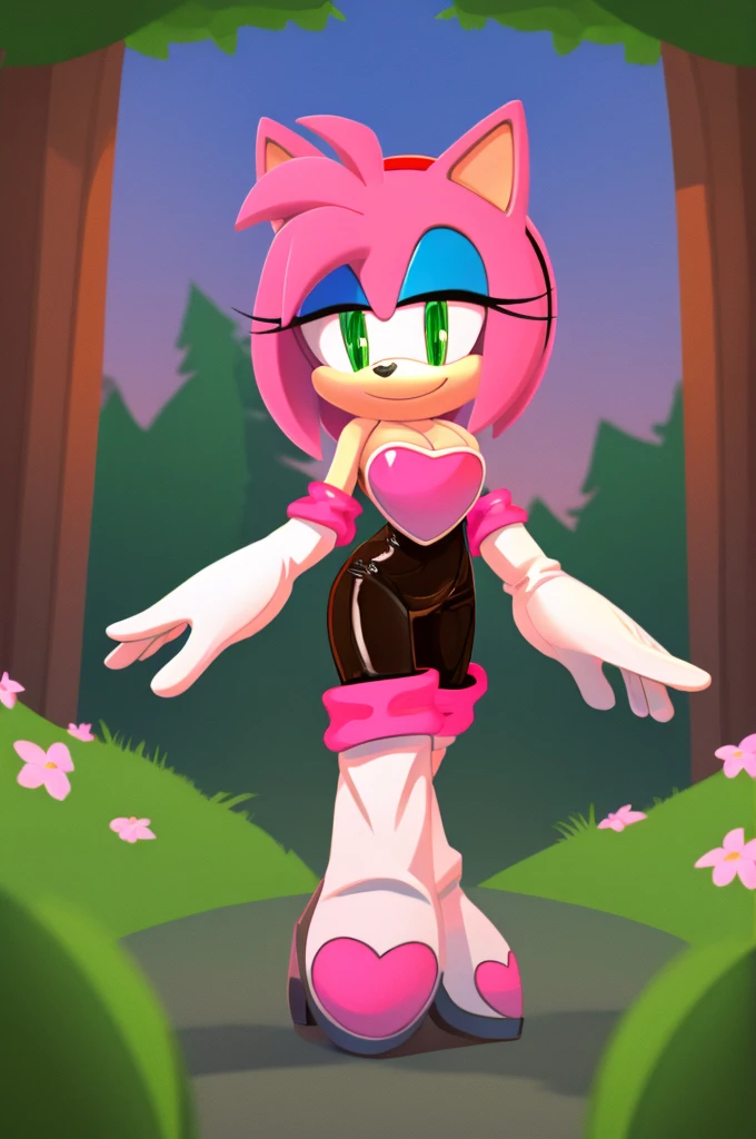 Amy Rose, (Rouge Cosplay) 1 girl, solo, smile, green eyes, beautiful detail green eyes, half-close eyes, red hairband, bob hair, pink hair, bare shoulders, animal nose, black rubber bodysuit, pink heart on chest, cleavage, white elbow gloves, white knee-high boots, no batwing, standing up , filled with trees and flowers, sunset, Masterpiece, 2D flat illustration, high quality