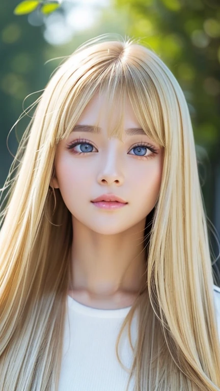 real photo quality、A very beautiful age girl、extraordinary sexy beauty、Beautiful calm and bright expression、sexy and refreshing look、Long bangs that fall on a perfect beautiful cute face、Super long blonde straight silky hair、blonde on a beautiful face、very cute beautiful sexy young little woman、very perfect beautiful cute face、Beautiful bright sky blue eyes、very big eyes、hair above eyes、片hair above eyes、hair between eyes、Very radiant white skin、cheek gloss