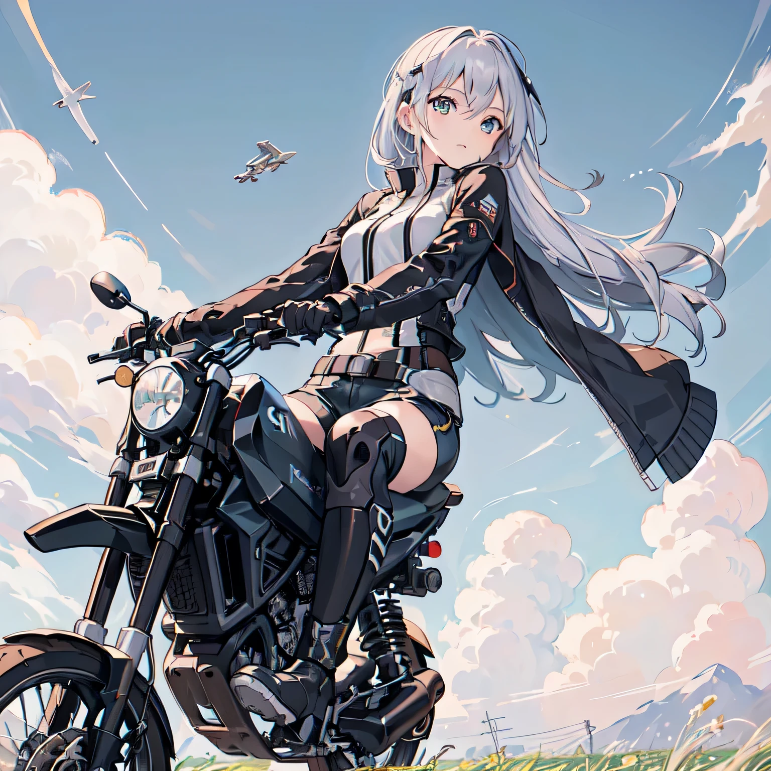 (((Riding a sci-fi future motorbike (no wheels)))),（fly in the sky）、 summer, Wind, scratch, sun,, meadows and fields, Perfect face and blonde hair、Wearing a light summer dress、Delicate beauty in black boots、