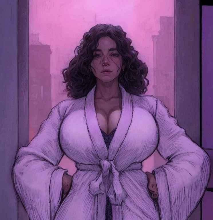 a close-up of a woman in a white robe standing in front of a window, en batas, vestido con una bata, covered en batas, clad en batas, pelo que cubre su pecho, ((wearing an aristocratic robe)), pelaje cubriendo su pecho, purple drooping robes, wearing a velvet robe, in dark purple robes, dibujado en un estilo neo - noir