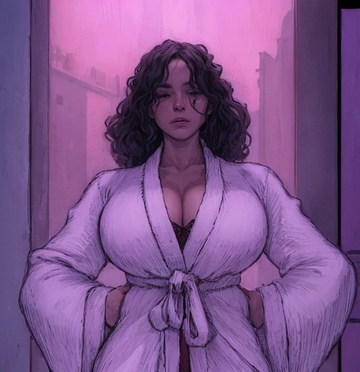 a close-up of a woman in a white robe standing in front of a window, en batas, vestido con una bata, covered en batas, clad en batas, pelo que cubre su pecho, ((wearing an aristocratic robe)), pelaje cubriendo su pecho, purple drooping robes, wearing a velvet robe, in dark purple robes, dibujado en un estilo neo - noir