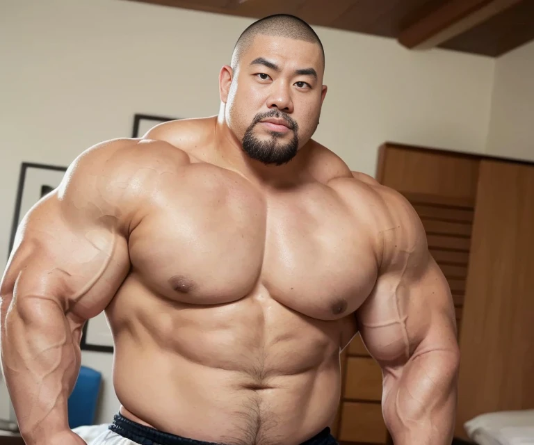 fat face, (inside bedroom:1.2), Japanese man, Chinese man, Korean man, Taiwanese man, manly face, (round face:1.4), (monolid eyes:1.2), (buzz cut:1.4), very large and strong body, bulging muscles, very large pectoral muscles, muscular arms, muscular abs, muscular legs, muscular back, brightens oily skin, master piece, realistic, panorama, distant view