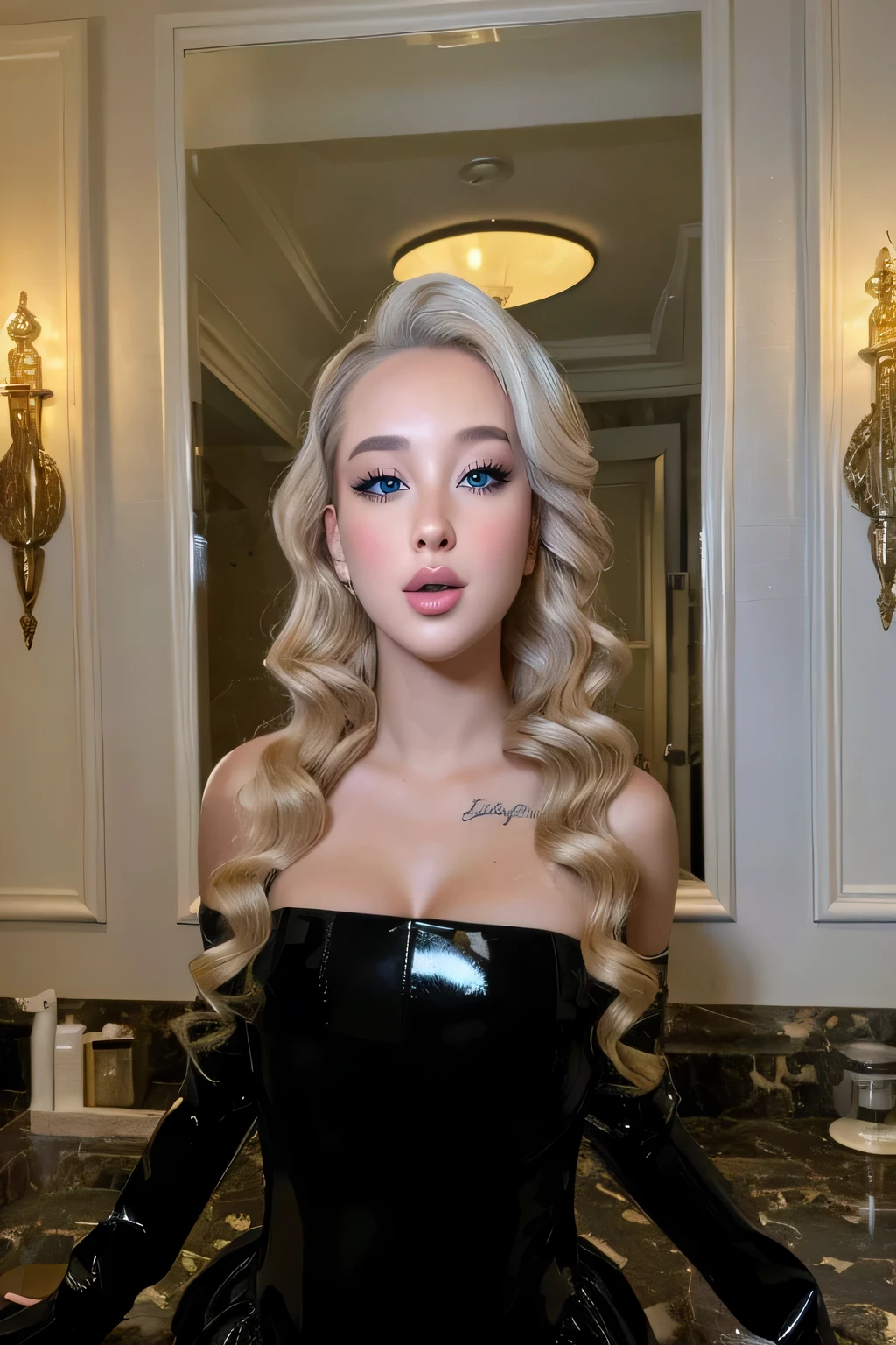 Goddess of Love, height: 165cm, weight: 40kg, length, Fluffy black hair and delicate features, Wearing flashy makeup. She is slender, . She has a beautiful figure. Her eyes are slightly narrowed, From front to toe. like a devil,full body bodysuit、 cyber punk、wearing thigh-high boots. dark. artistic and high resolution. Realistic