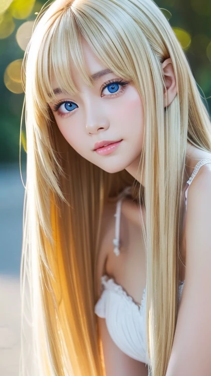 real photo quality、A very beautiful age girl、extraordinary sexy beauty、Beautiful calm and bright expression、sexy and refreshing look、Long bangs that fall on a perfect beautiful cute face、Super long blonde straight silky hair、blonde on a beautiful face、very cute beautiful sexy young little woman、very perfect beautiful cute face、Beautiful bright sky blue eyes、very big eyes、hair above eyes、片hair above eyes、hair between eyes、Very radiant white skin、cheek gloss