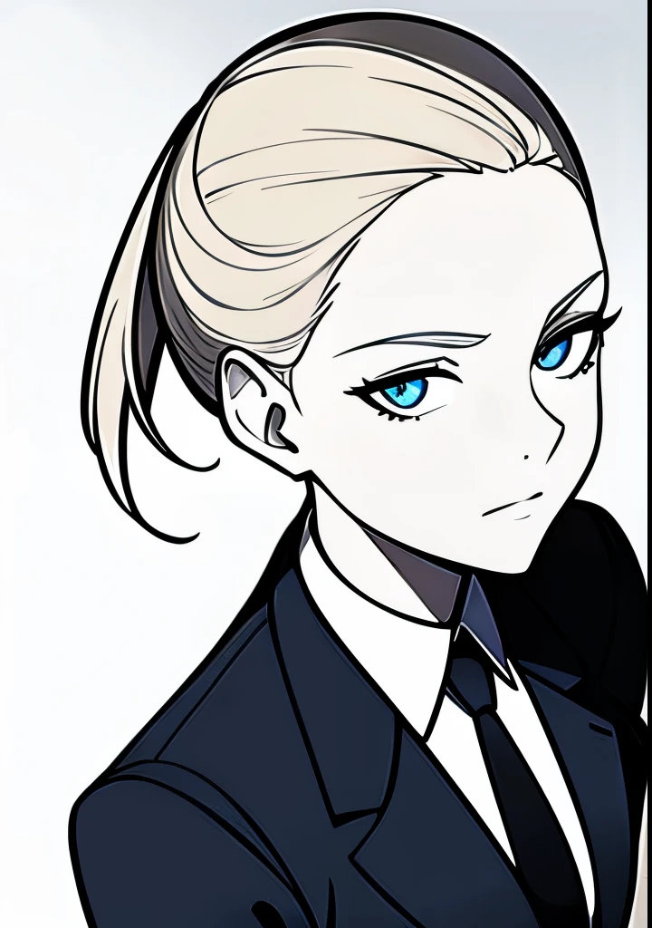 One Young Adult female, pale blonde slicked back into a short ponytail with a single bang on the left hand side, steel blue eyes, light and carefree expression, wearing black suit jacket and tie, portrait style, facing forwards