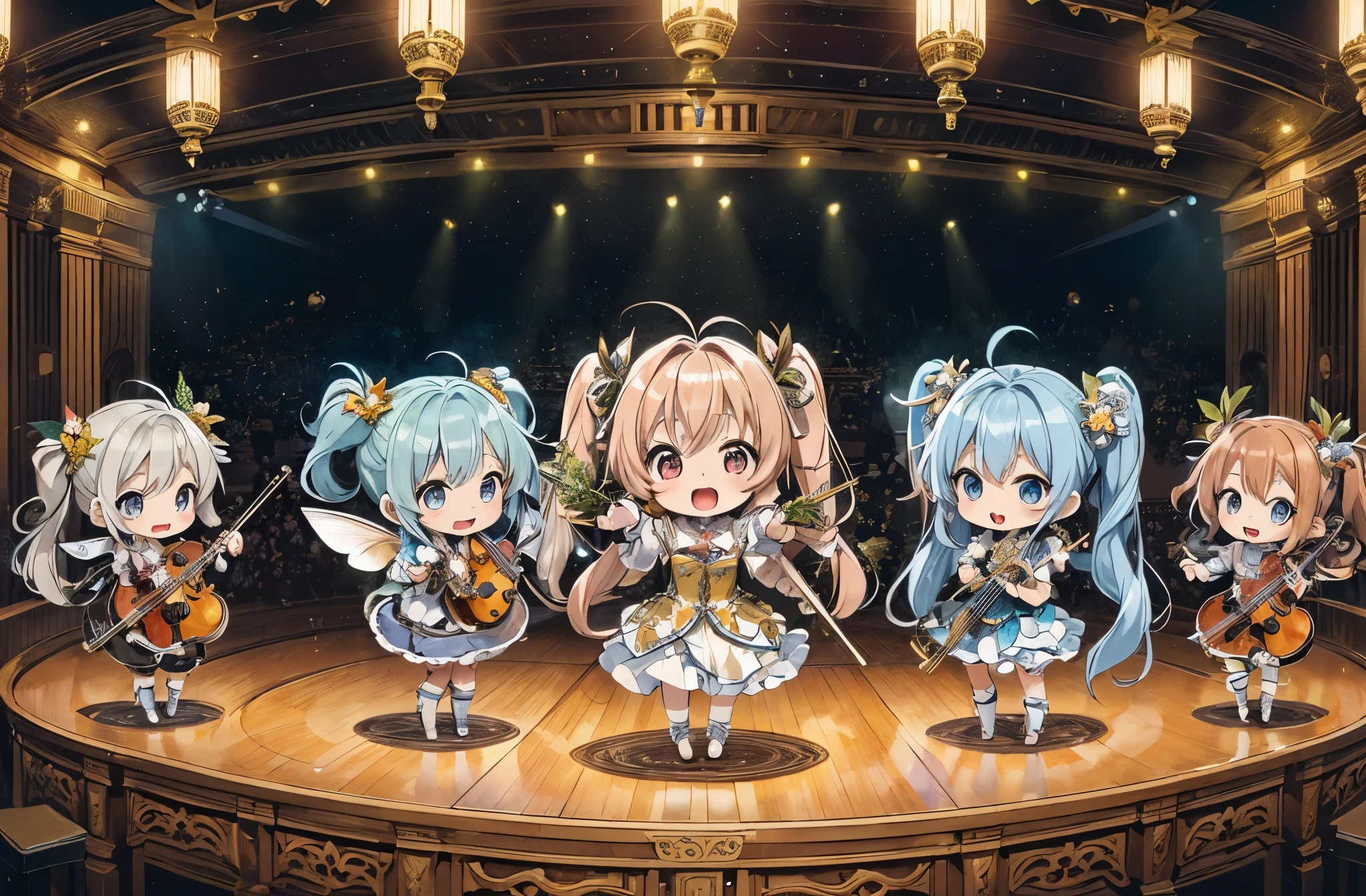 Two girls standing in front of a painting、laugh face、Water droplets on the cheeks、Dance Practice、Rotational jump、bustup、Eye Up、Flowing iridescent silk