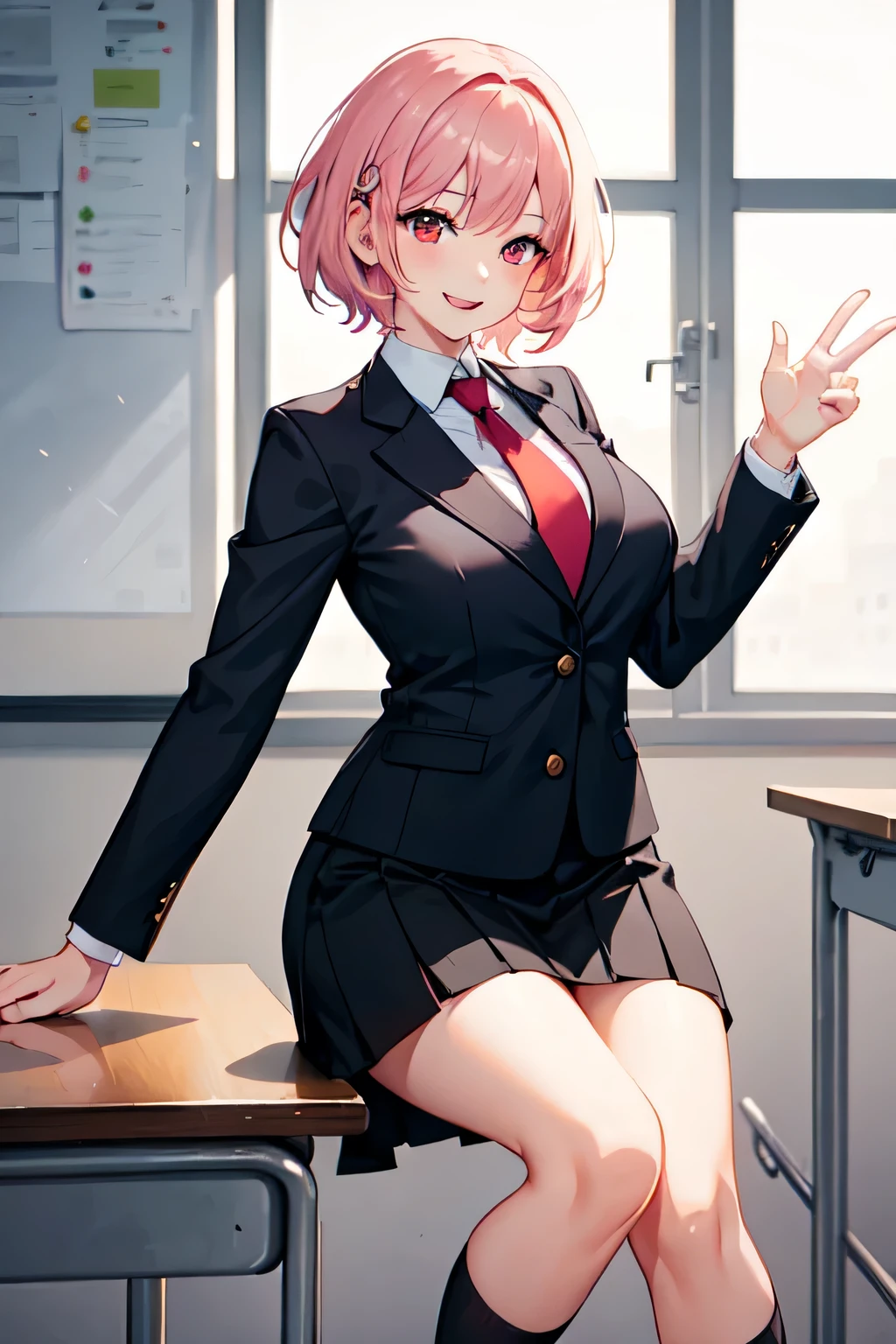 1 beautiful woman, short pink hair, red eyes, school outfit, black blazer, black skirt, red tie, big bust, wearing short socks, inside the classroom, happy expression, white smile, high definition