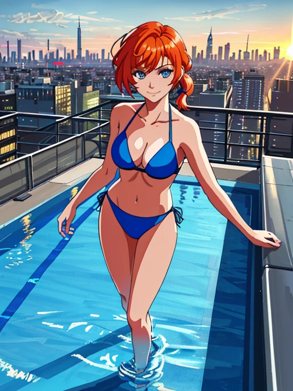 1girl, ((32 years old, dressed in a blue bikini:1.2, medium breasts, short orange hair, pony tail styled hair, perfect model body:1.3, detailed blue eyes:1.5, light skin, natural makeup, Arrogant Smile on face)), full-length, full body, full-length, super face detail, (Background: Swimming pool, on top of a roof top, skyline of a cyberpunk city), Very detailed, 8k, (HDR, UHD, best quality, masterpiece: 1.5), high detailed, digital painting, trending on artstation, HD quality
