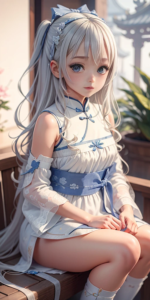 ((best quality)), ((masterpiece)), ((Super detailed)), (illustration), (detail light), (extremely delicate and beautiful),a charming young girl,long white hair,blue sky,(Chinese garden),Silky