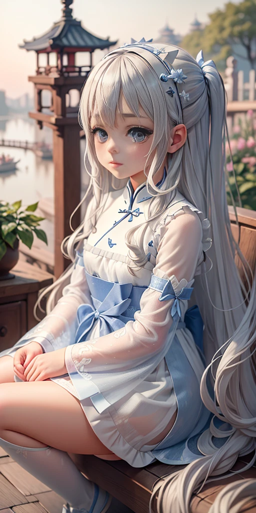 ((best quality)), ((masterpiece)), ((Super detailed)), (illustration), (detail light), (extremely delicate and beautiful),a charming young girl,long white hair,blue sky,(Chinese garden),Silky