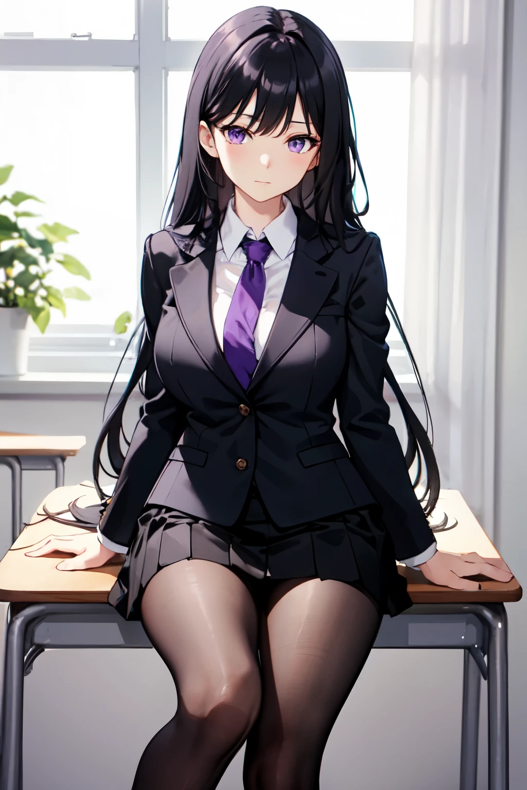 1 beautiful woman, long black hair, purple eyes, high school outfit, black blazer, black skirt, purple tie, large bust, wearing black tights, nice legs,inside the classroom, calm expression, high definition