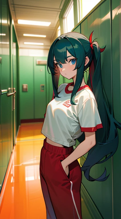 A hot female student with dark green long ponty-tail hair and blue eyes in gym shirt with red track pants, background is a hallway in a ship