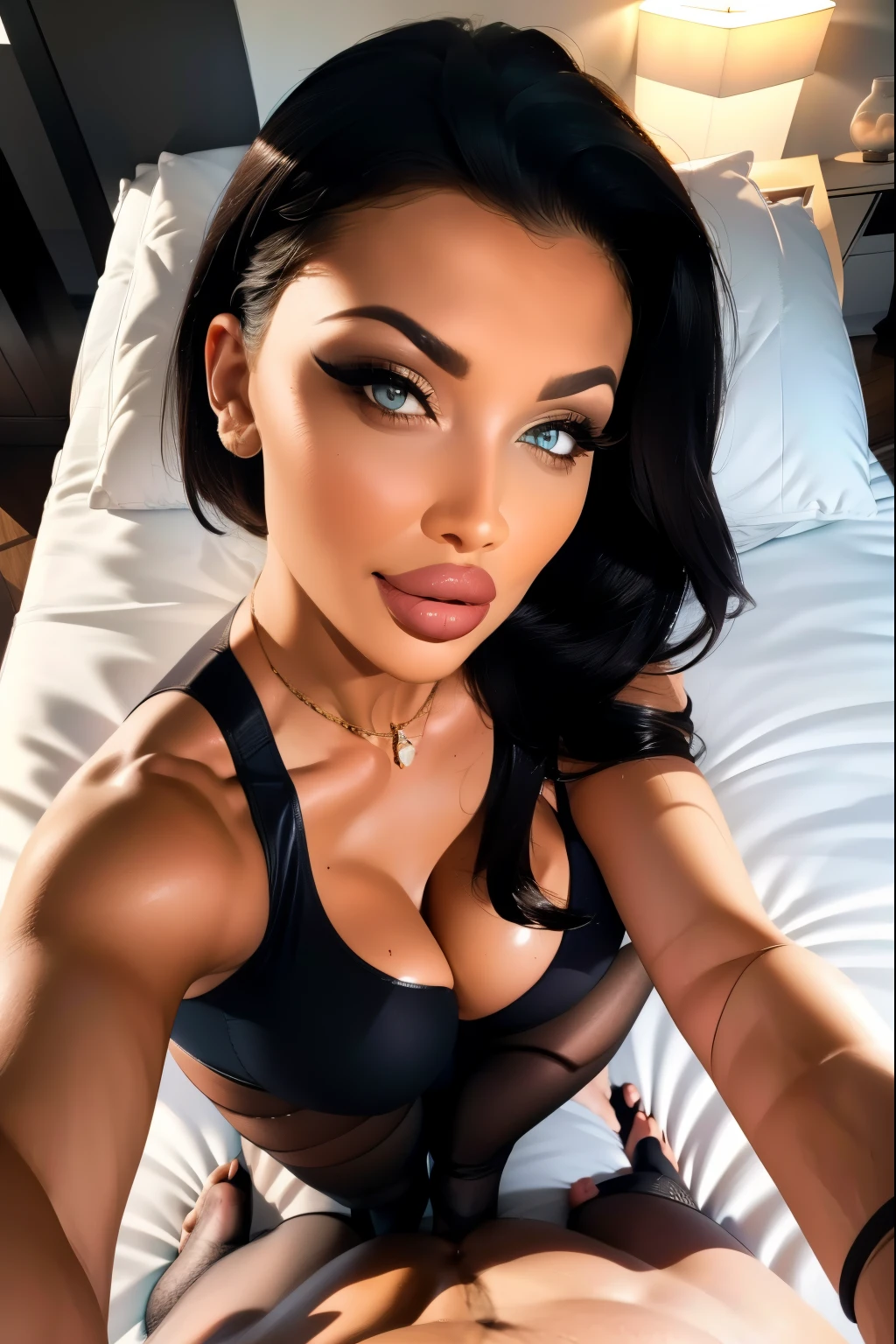 aletta_ocean, naked, medias de nylon negras, black nylon stockings, nylon thighighs, barefoot, acostada en la cama, cama negra elegante, Bed with black sheets, modern bedroom, satusfecha, sexo, nsfw, large insertion, creampie, missionary, close up